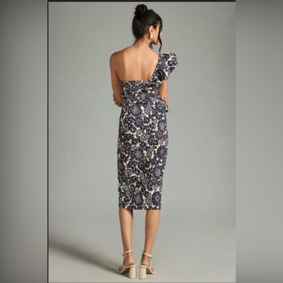 Anthropologie Navy and Cream Floral One-Shoulder Dress - Picture 5 of 7